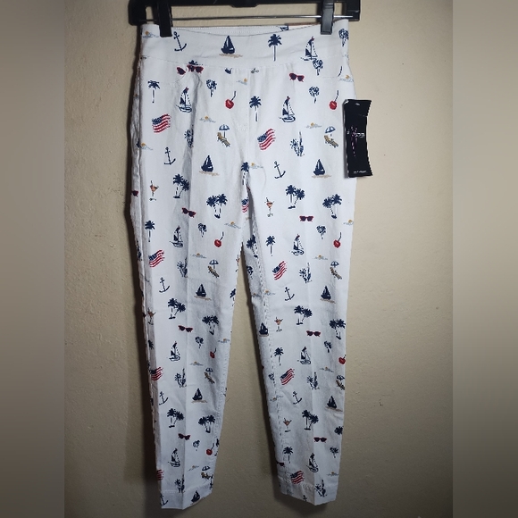 New Multiples Slim Sation Pull On Pants Nautical Patriotic Cherries - Picture 1 of 16